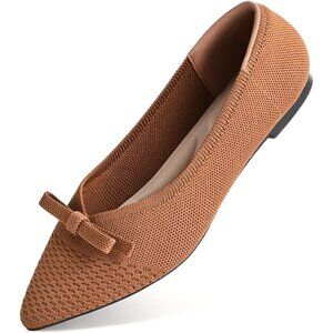 Brown Suede Flats Bow Knit Round Toe Comfortable Ballet Flats for Office Work